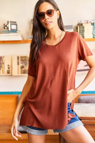 Woman Bitter Coffee V Neck Side Slit Flowy Sala 
