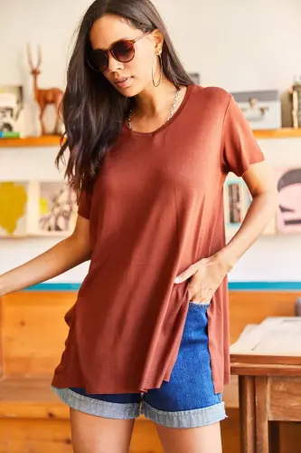 Woman Bitter Coffee V Neck Side Slit Flowy Sala - 2
