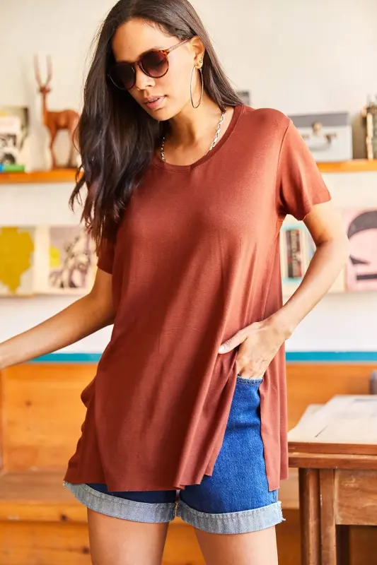Woman Bitter Coffee V Neck Side Slit Flowy Sala - 2