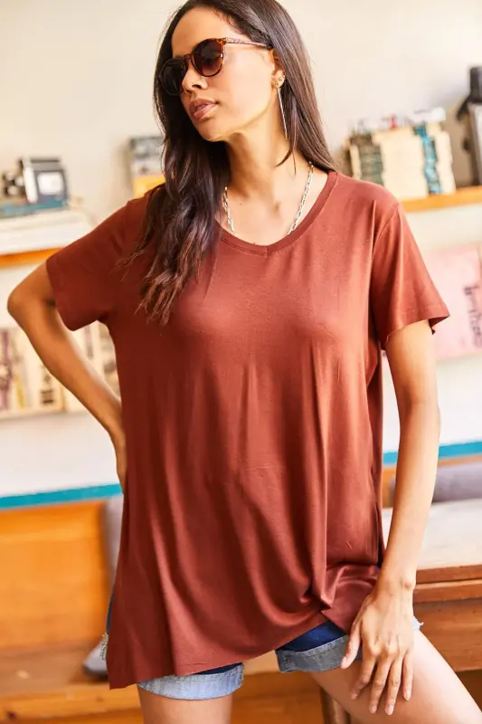 Woman Bitter Coffee V Neck Side Slit Flowy Sala - 5