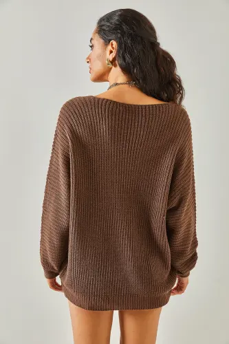 Woman Bitter Coffee V Neck Thessaloniki Knit Oversize Tricot Tunic TNK-19000081-Bitter Coffee - 5