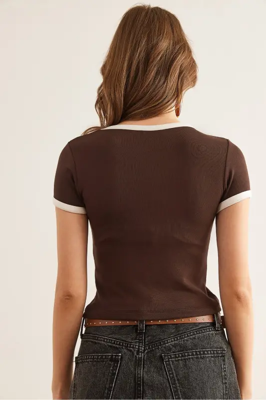 Woman Bitter Coffee Writing Detailed Modal Buttoned Crop Blu - 2