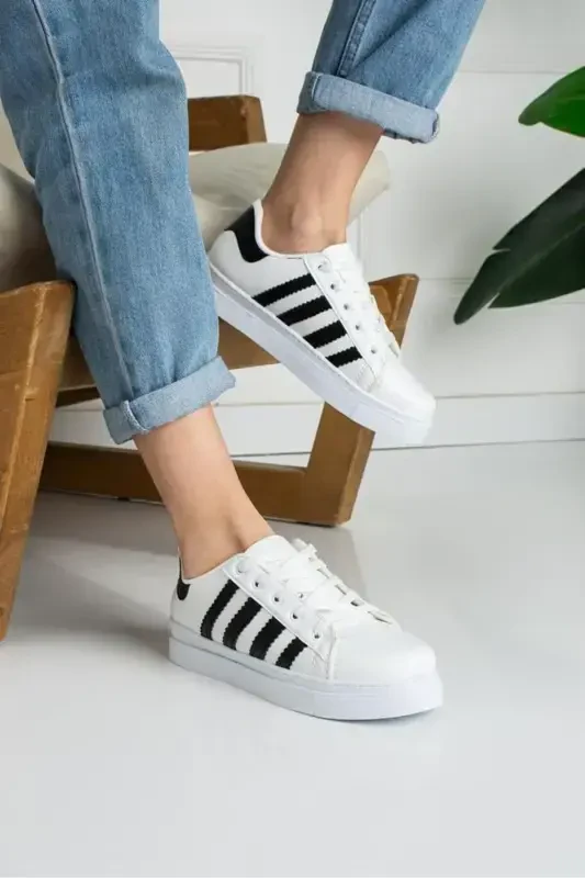 Woman Black and White Striped Sneakers - GALYA SHOES