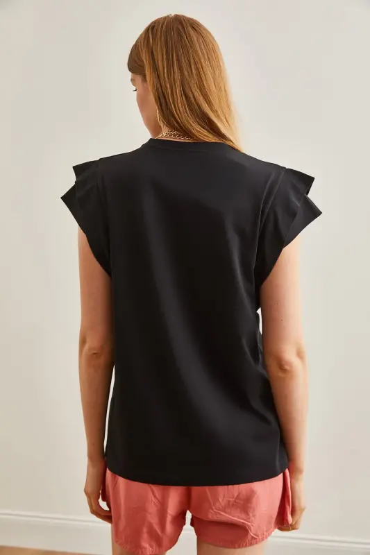 Woman Black Arm Detailed Cotton T-Shirt TSH-19000819- - 2