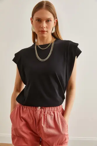 Woman Black Arm Detailed Cotton T-Shirt TSH-19000819- - 3