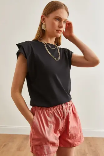 Woman Black Arm Detailed Cotton T-Shirt TSH-19000819- - 4