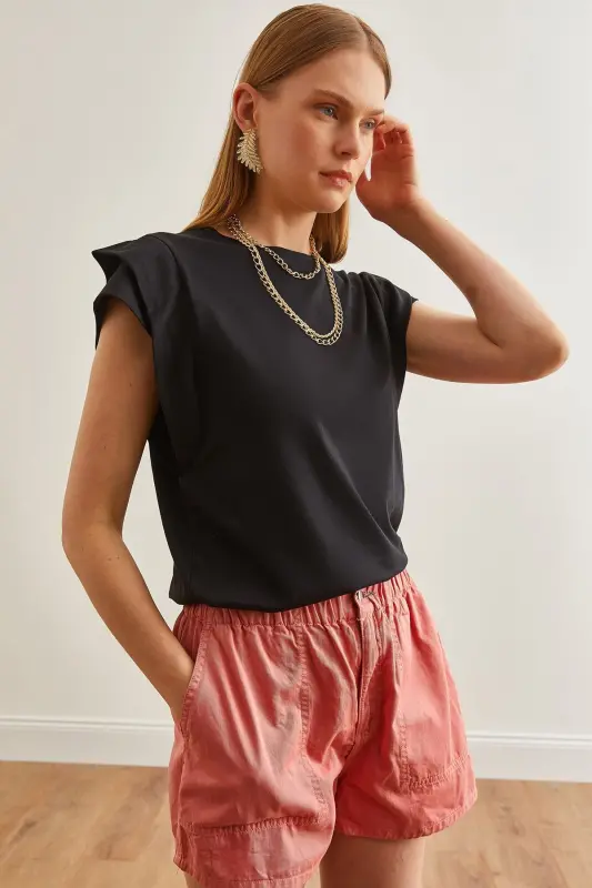 Woman Black Arm Detailed Cotton T-Shirt TSH-19000819- - 4