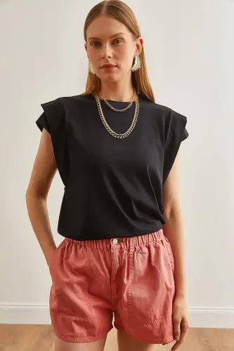 Woman Black Arm Detailed Cotton T-Shirt TSH-19000819- - 5