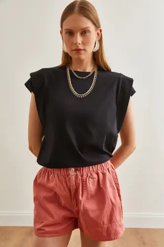 Woman Black Arm Detailed Cotton T-Shirt TSH-19000819- - 6