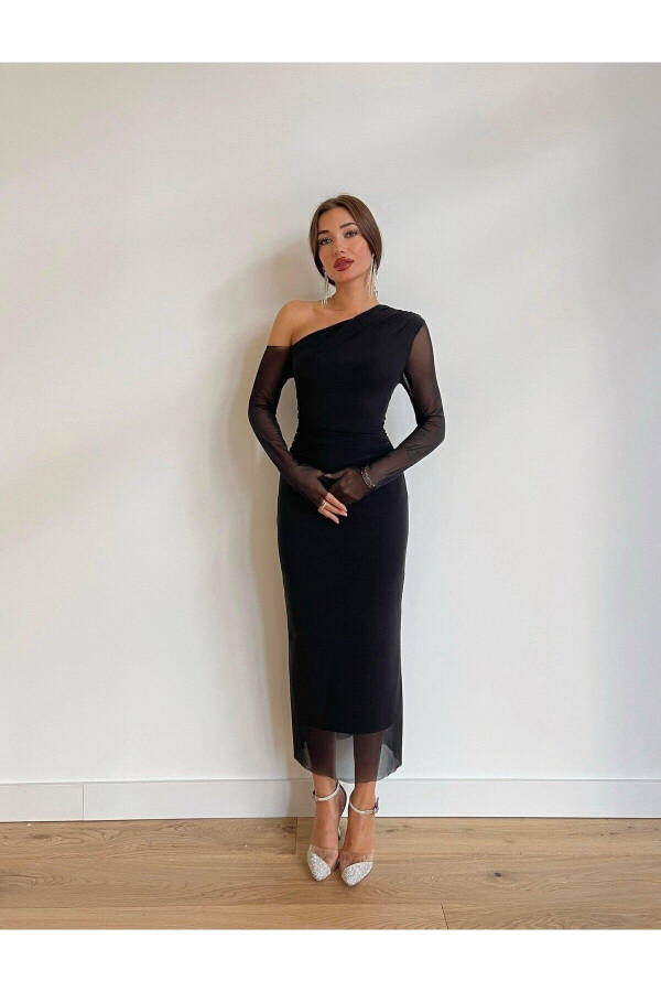 Woman Black Asymmetric Collar One Shoulder Tulle Detailed Mi - 1