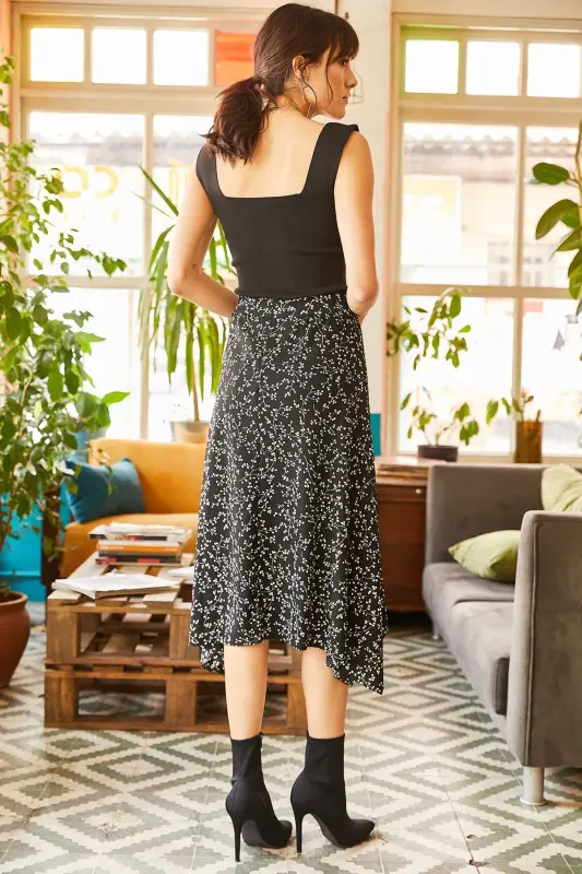 Woman Black Asymmetric Patterned Skirt ETK-19000122-SI - 5