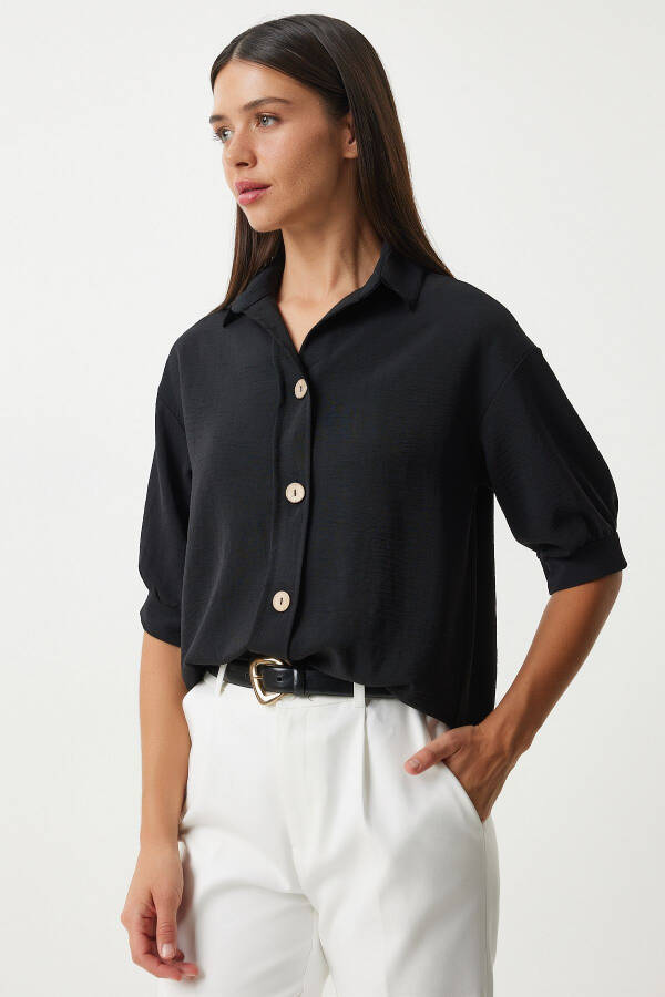 Woman Black Balloon Sleeve Linen Ayrobin Shirt DD01321 - 2