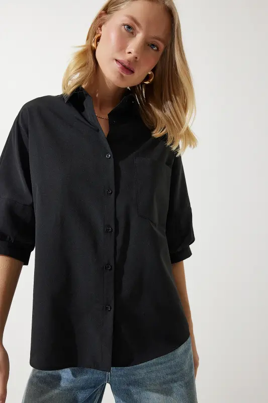 Woman Black Balloon Sleeve Poplin Shirt DD01308-Black - 3