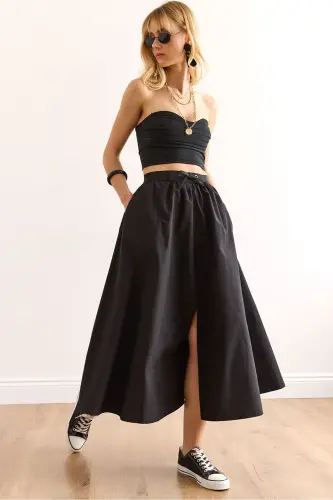 Woman Black Black Belted Slit Front Lace-up Mi - 1