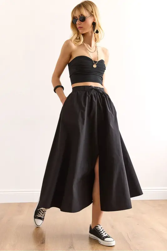 Woman Black Black Belted Slit Front Lace-up Mi - OLALOOK