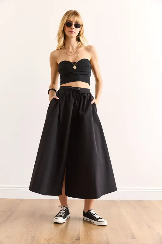 Woman Black Black Belted Slit Front Lace-up Mi - 2