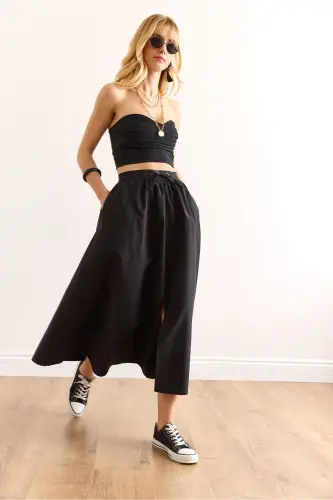 Woman Black Black Belted Slit Front Lace-up Mi - 3