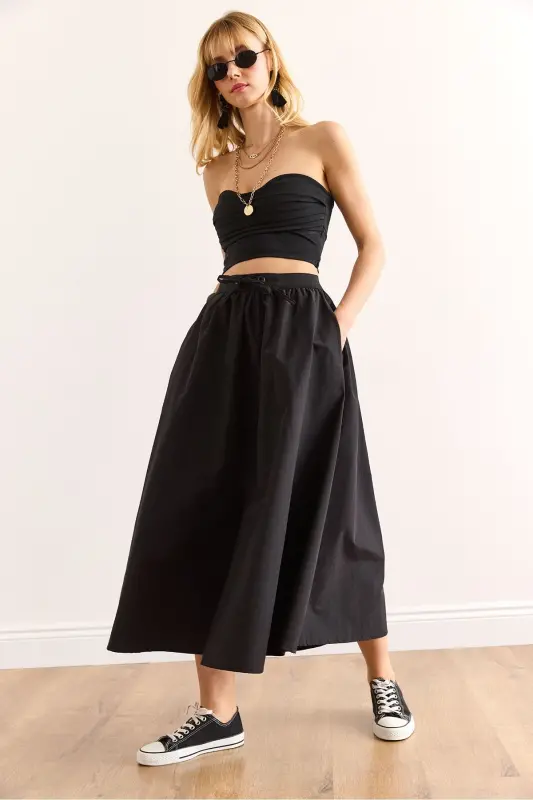 Woman Black Black Belted Slit Front Lace-up Mi - 4