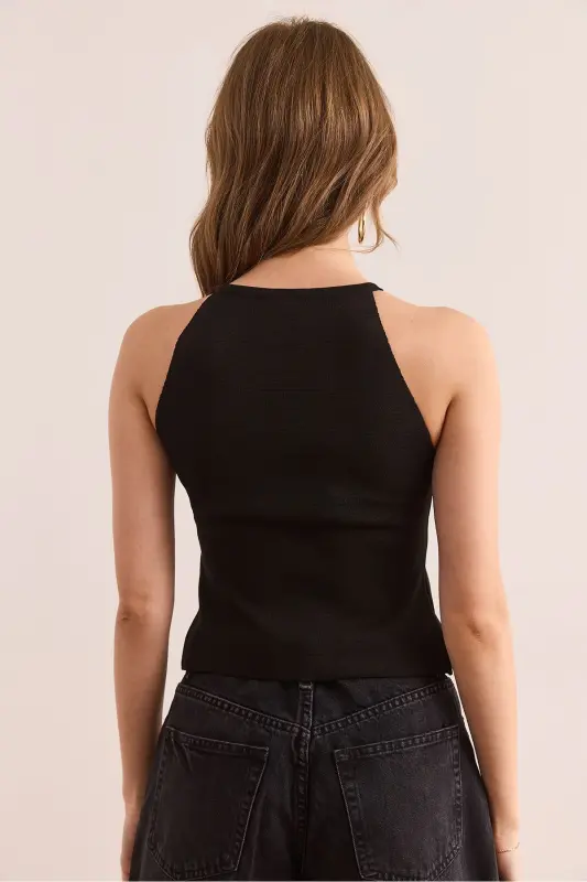 Woman Black Bow Stone Detailed Halter Neck Knit B - 2
