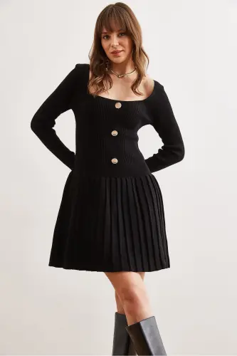 Woman Black Button Detailed Skirt Pleated Knitted Dress - 2