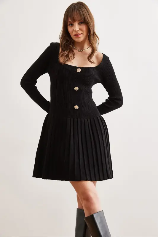 Woman Black Button Detailed Skirt Pleated Knitted Dress - 2
