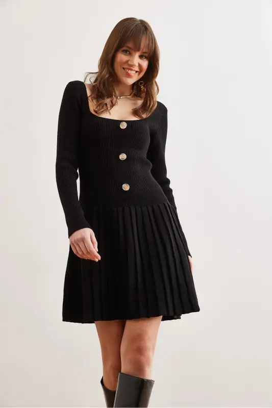 Woman Black Button Detailed Skirt Pleated Knitted Dress - 3