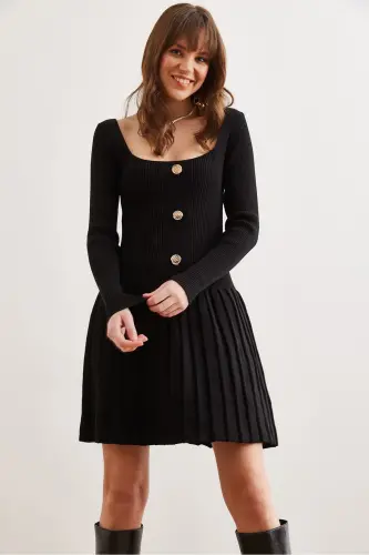 Woman Black Button Detailed Skirt Pleated Knitted Dress - 4
