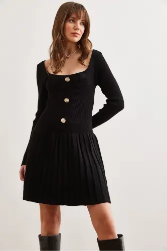Woman Black Button Detailed Skirt Pleated Knitted Dress - 5