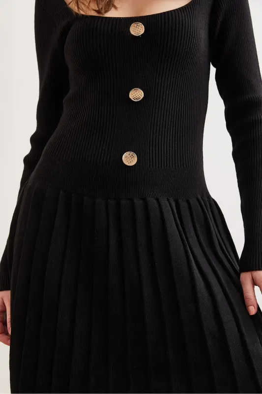 Woman Black Button Detailed Skirt Pleated Knitted Dress - 6