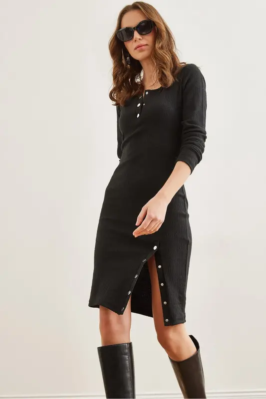 Woman Black Button Detailed Slit Plush Flexible - OLALOOK