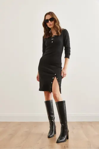 Woman Black Button Detailed Slit Plush Flexible - 5