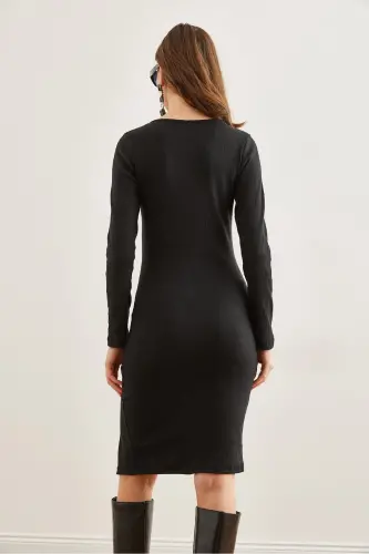 Woman Black Button Detailed Slit Plush Flexible - 7