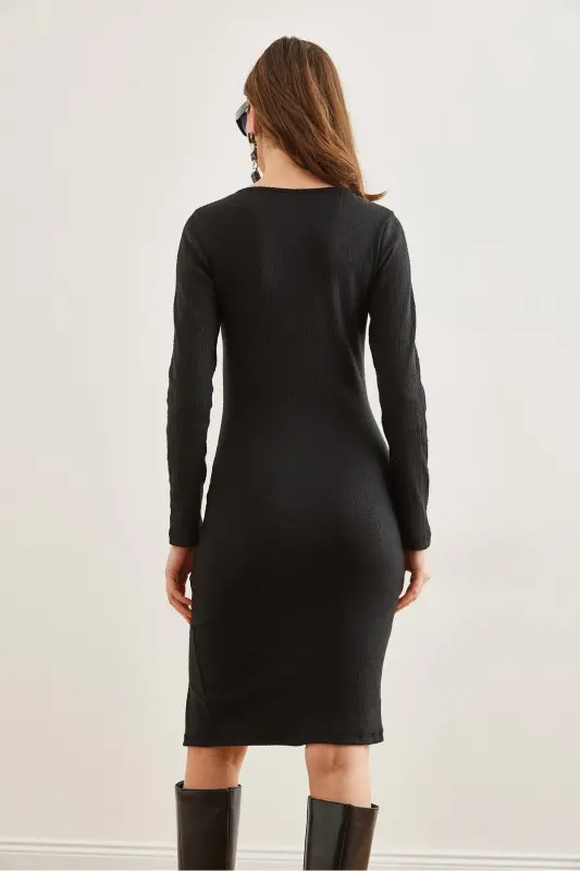 Woman Black Button Detailed Slit Plush Flexible - 7