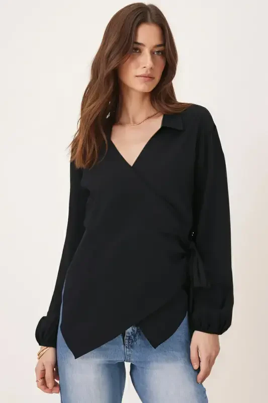 Woman Black Collar Crossover Blouse Arm-22y024025-Black - 1