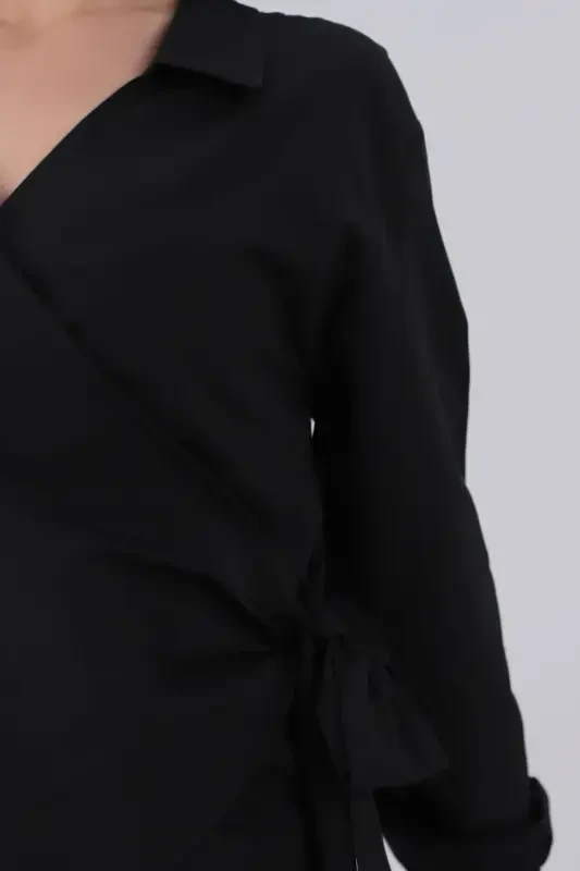 Woman Black Collar Crossover Blouse Arm-22y024025-Black - 2