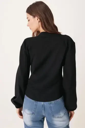 Woman Black Collar Crossover Blouse Arm-22y024025-Black - 3