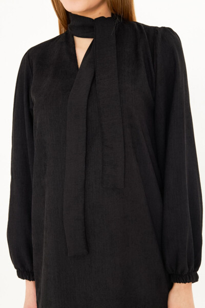 Woman Black Collar Tie Sleeve Elastic Kader - 7