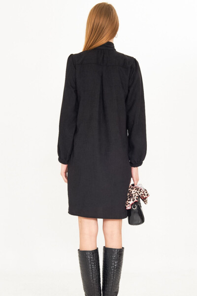 Woman Black Collar Tie Sleeve Elastic Kader - 8