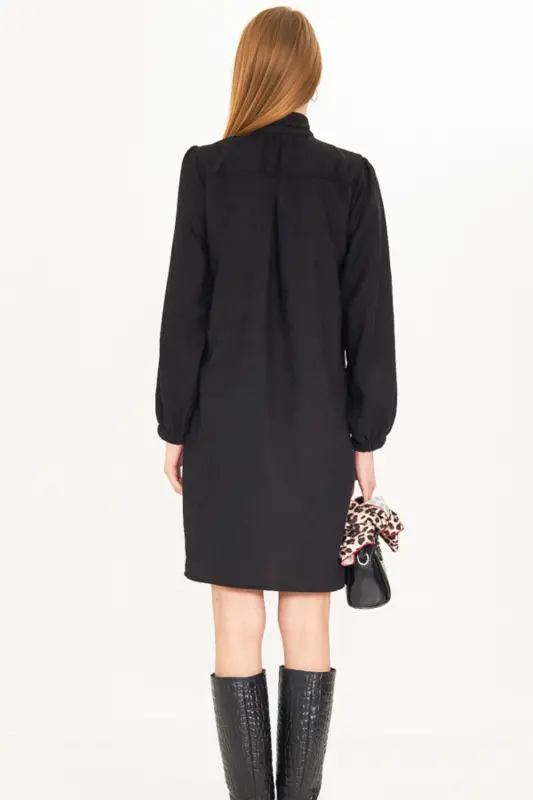 Woman Black Collar Tie Sleeve Elastic Kader - 5