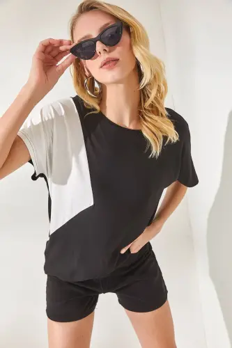 Woman Black Color Blocked Bat Knitted Viscose Blouse BL 