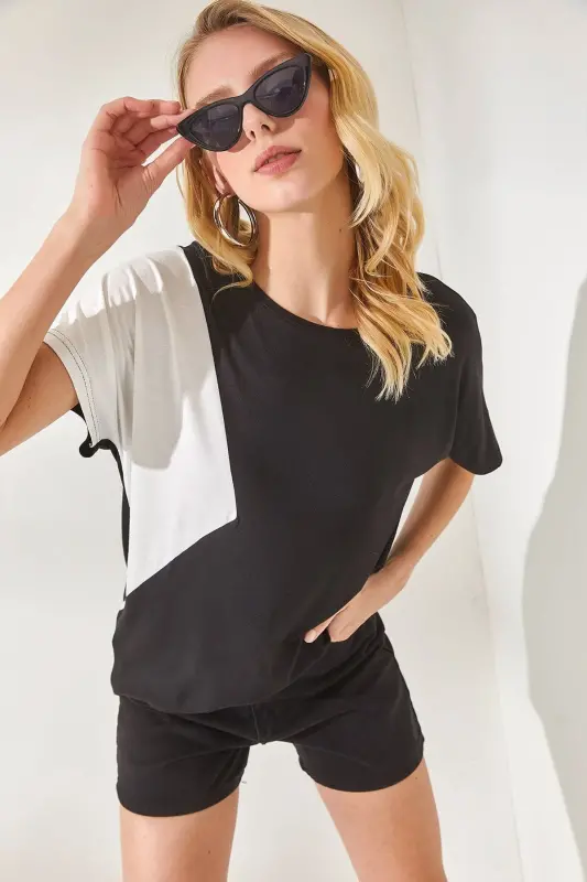 Woman Black Color Blocked Bat Knitted Viscose Blouse BL - 1