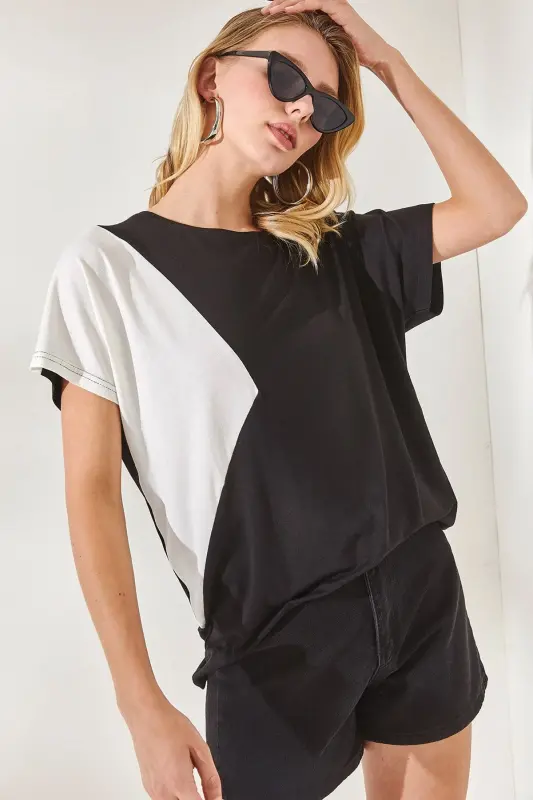Woman Black Color Blocked Bat Knitted Viscose Blouse BL - 3