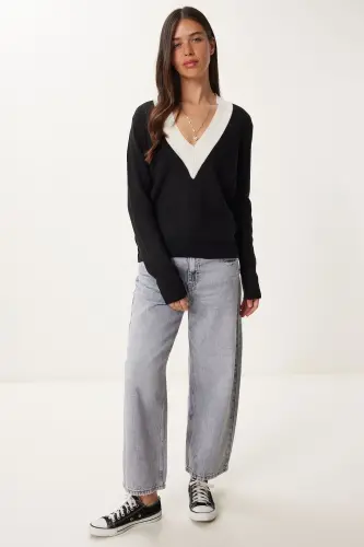 Woman Black Contrast V Neck Knit Sweater US00924-Si - 3