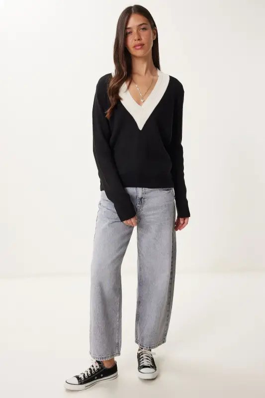 Woman Black Contrast V Neck Knit Sweater US00924-Si - 3