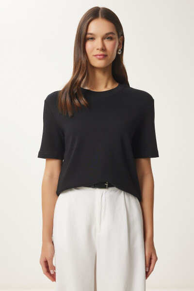 Woman Black Cotton Basic Knitted T-Shirt AG00001 - 3