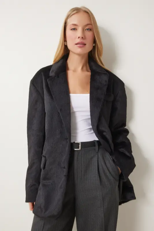Woman Black Crossover Collar Faux Fur Jacket FN03435-Black - 2