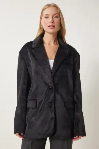 Woman Black Crossover Collar Faux Fur Jacket FN03435-Black - 3