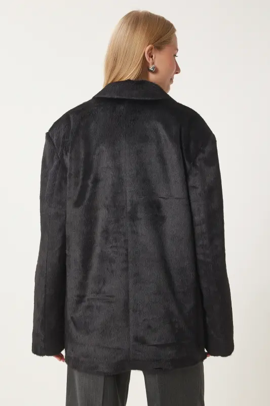 Woman Black Crossover Collar Faux Fur Jacket FN03435-Black - 5