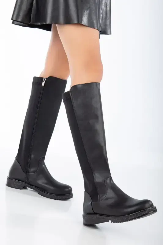 WOMAN BLACK DIVER FABRIC KNEE-HIGH BOOTS ZIPPED FASHION-BLACK - 3
