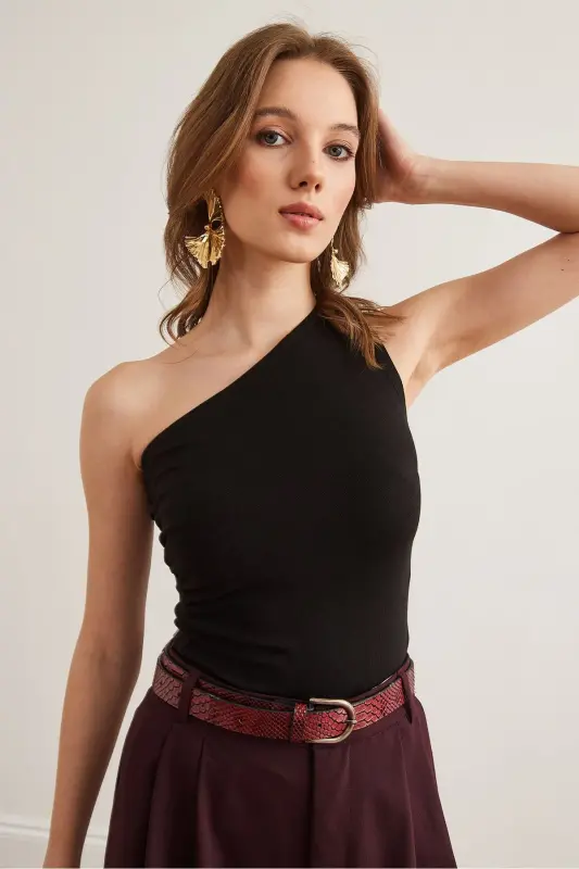 Woman Black Drape Detailed One Shoulder Soft Touch Stretch - 2